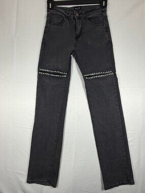 Bebe Bling Slit Rhinestone Jeans Women's Size 0/25 Black with Gray Wash Denim